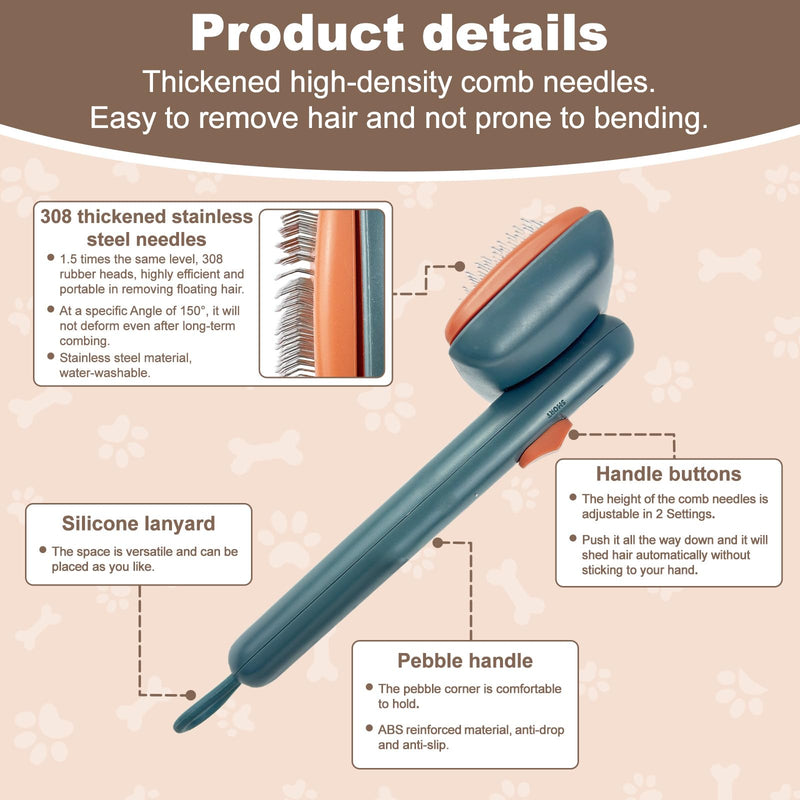 Self Cleaning Deshedding Cat Brush for Dogs & Cats,Adjustable Cat Brushes for Indoor Cats, Easy to Clean Grooming Tool for Long & Short Haired Pets Green