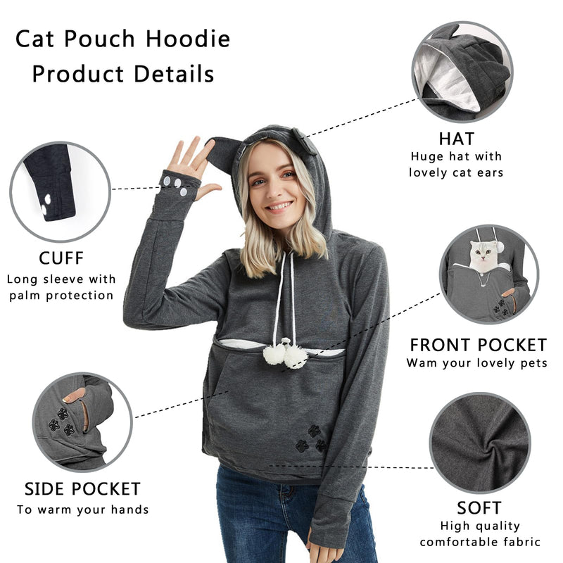 XUDREZ Unisex Big Pouch Hoodie Long Sleeve Pet Dog Holder Carrier Sweatshirt Hooded Pocket Kangaroo Hoodie 3X-Large Dark Grey - PawsPlanet Australia