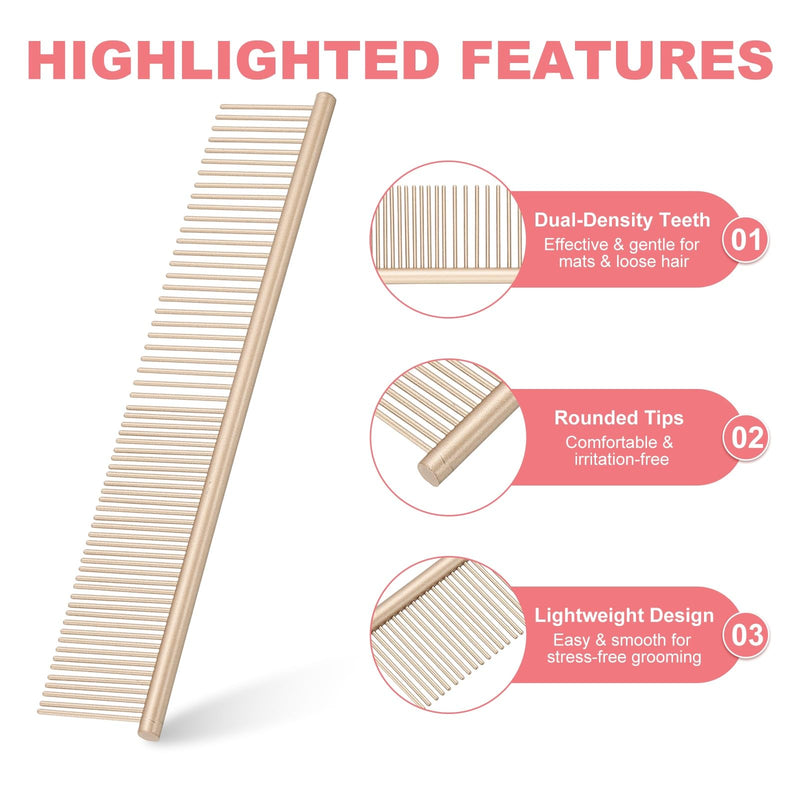 Dog Cat Comb, Pet Combs Stainless Steel Teeth with Rounded Ends for Knots Mats Loose Hair Removal, 6.5/7.5IN (Gold Coated, 2 Pack), Grooming Tool Intended for Long Curly Hair Pet Gold Coated 6.5/7.5 IN