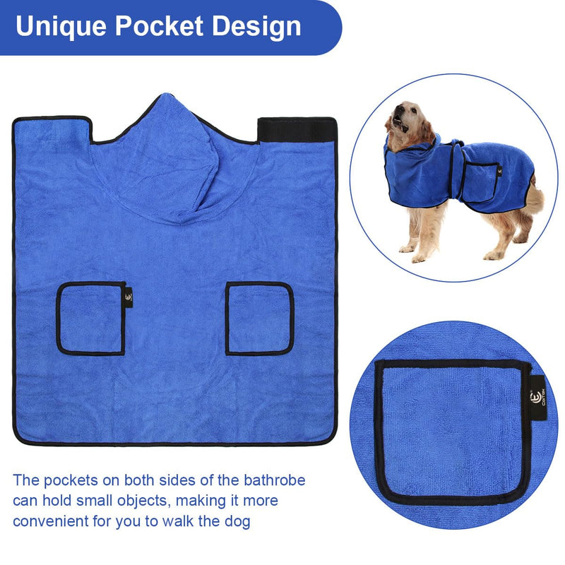 Dog Bathrobe Towel with Double Pocket, Wearable Dog Towel Super Absorbent Fast Drying Pet Towel Soft Dog Bath Robe with Hat and Belt for Medium Large Dogs X-Large:Back Length 29"/75cm - PawsPlanet Australia