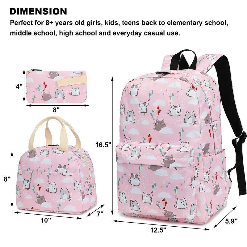 Girls School Backpacks for Kids Teens, 3-in-1 School Bag Bookbags Set with Lunch Bag Pencil Case Cat Pink - PawsPlanet Australia