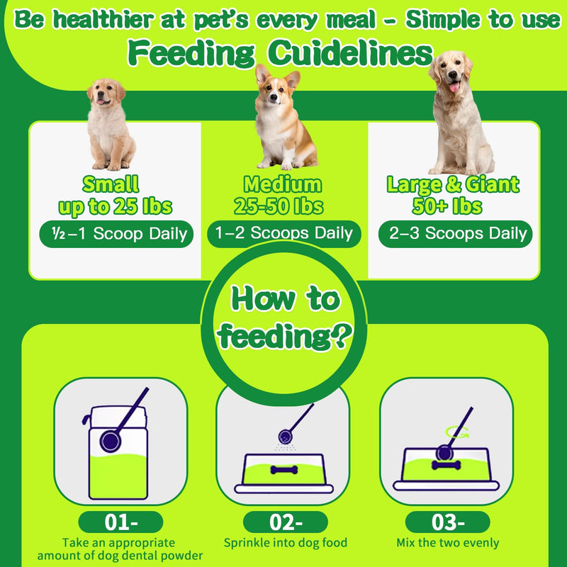 Mimo Style Dog Dental Powder, Dog Teeth Cleaning Powder, Targets Tartar & Reduces Plaque & Bad Breath - Teeth Cleaning Made Easy Eliminate - Meat-Flavored Formulated (Green) White - PawsPlanet Australia