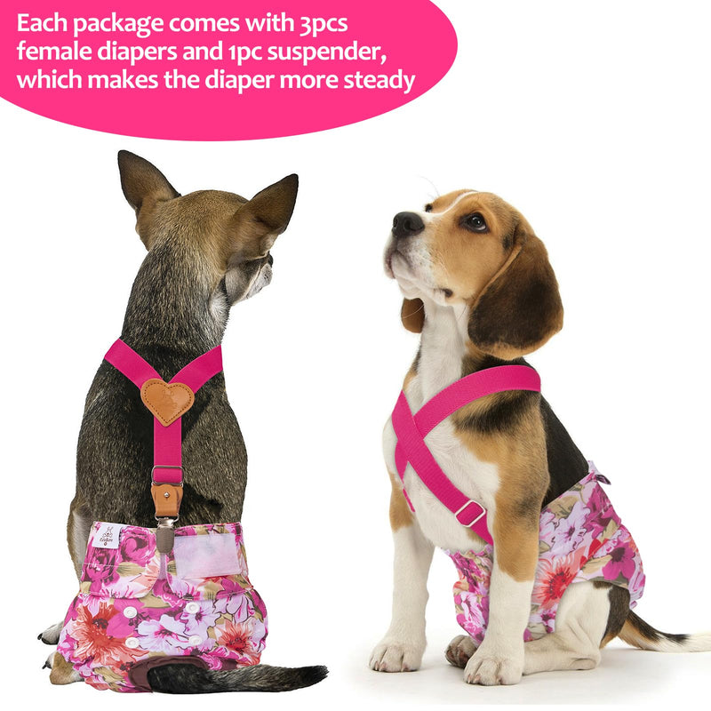 CuteBone Dog Diapers Female 3 Pack Reusable Doggy Diapers with One Suspender for Small Medium Large Dog Period BDD02M 3 floral diapers + 1 suspender