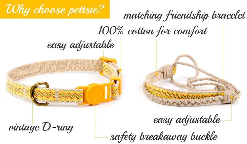 Pettsie Breakaway Cat Collar & Matching Friendship Bracelet – Soft Cotton, Safe & Comfortable, Adjustable 7.5"-11.5", Yellow 7.5"-11.5" Neck