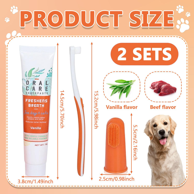 Dog dental care set, dog toothpaste, cleans teeth and removes plaque, prevents bad breath in dogs, suitable for dogs and cats, vanilla flavor, beef flavor