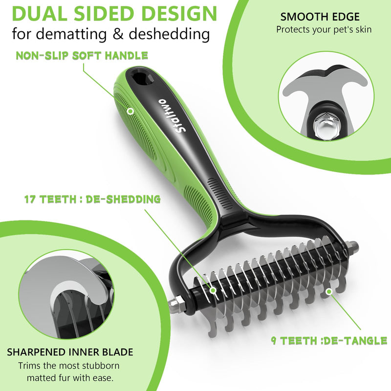 Pet Grooming Supplies - 2-in-1 Professional Undercoat Rake and Pet Brush | Shedding Control for Long Haired Dogs and Cats, Deshedding Tool, Furminator for Dogs, Green - PawsPlanet Australia