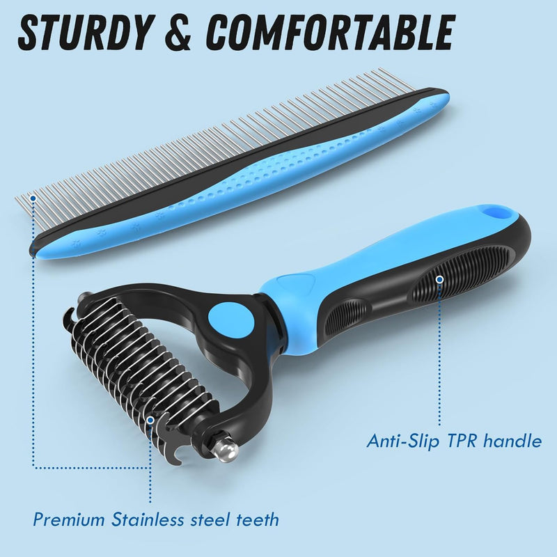 Pet Grooming Combo - Blue Deshedding Brush with Metal Comb for Detangling and Dematting Long, Matted Fur on Cats and Dogs - PawsPlanet Australia