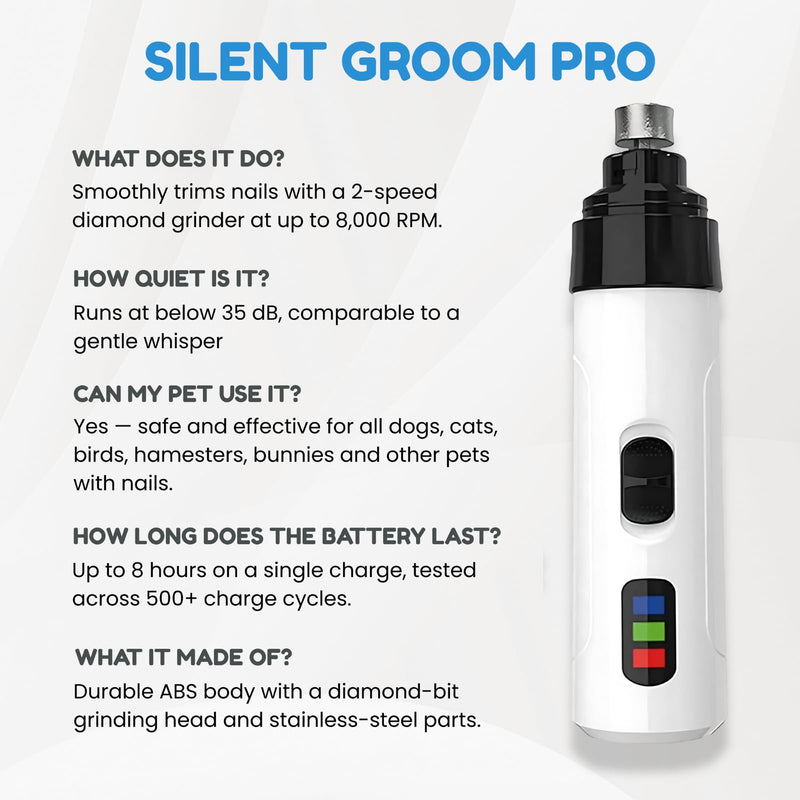2026 Upgrade Silent Groom Pro Nail Grinder, New Silent Groom Pro for Pets, Rechargeable USB Charging Pet Nail Grinders, Electric Pet Nail Clippers, Pet Paws Grooming Smoothing Tool, - PawsPlanet Australia