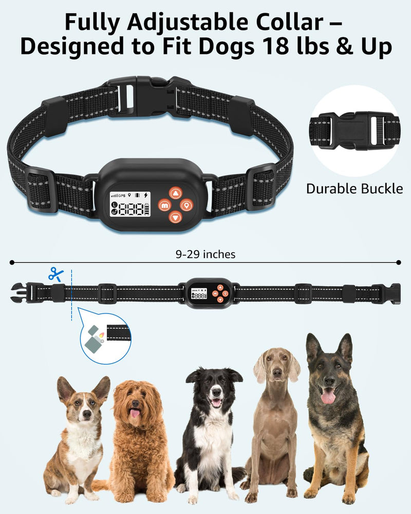 GPS Wireless Dog Fence with No Subscription, 25-999yards Adjustable Boundary, IPX7 Waterproof, Beep Vibration Shock Correction, Outdoor Use, for Dogs Over 18 Lbs