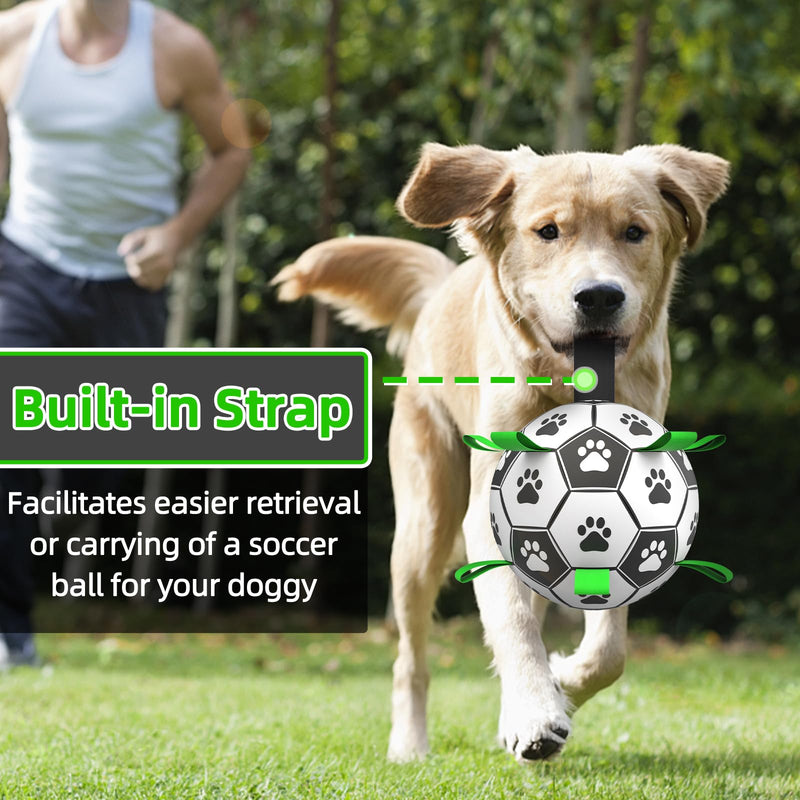 RUCACIO Dog Toys Soccer Ball with Straps, Interactive Dog Toys for Puppy;Dog Toys for Tug of War,Puppy Birthday Gifts，Durable Dog Soccer Balls for Medium & Big Dogs (L Size) Large Black White Green - PawsPlanet Australia