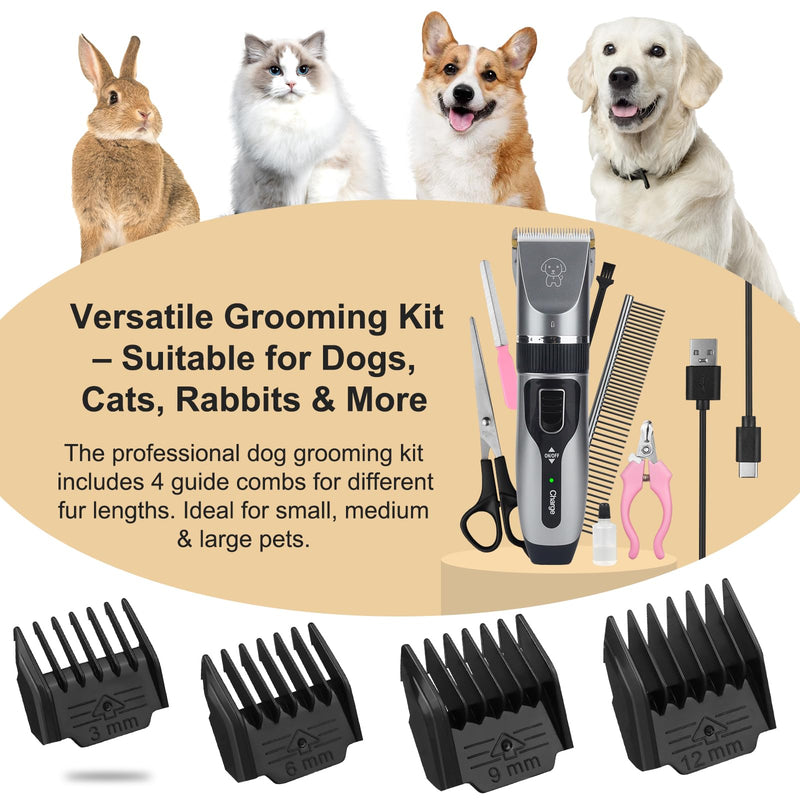 Dog Grooming Clippers Kit, Upgraded Cordless Professional Pet Clippers, Low Noise Dog Trimmer with Ceramic Blades, 7200 RPM Pet Shaver for Dogs Cats with 4 Guide Combs and Nail Kit