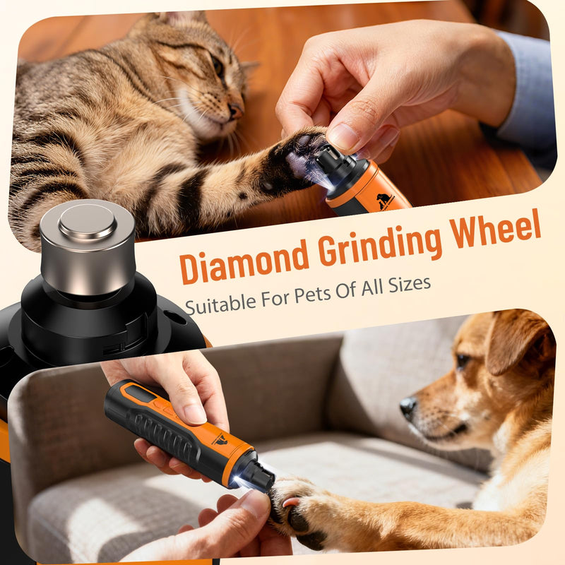 Electric Dog Nail Grinder: 5-Speed Quiet Dog Nail Trimmer with LED Light, Adjustable Safety Guard, Rechargeable Cordless Design for Small to Large Dogs & Cats(Orange) Orange