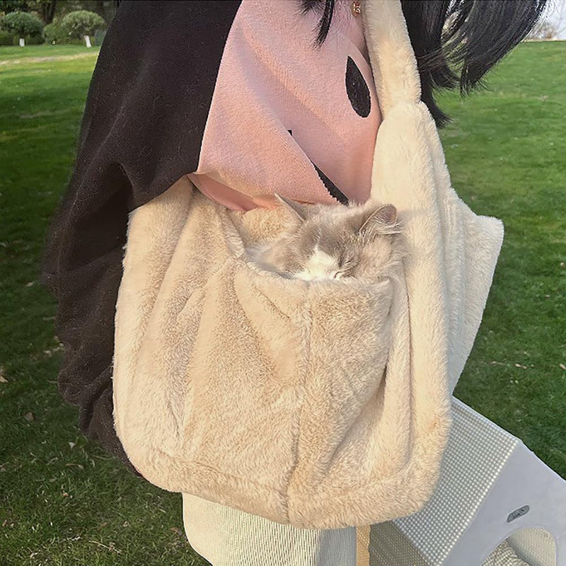 Warm Plush Small Dog Sling Cat Carrier Hand-Free Pet Sling Pet Puppy Travel Bag Cat Carrier Shoulder Bag Outdoor Travel Puppy Bags for Daily Walk Travel Outdoor Beige