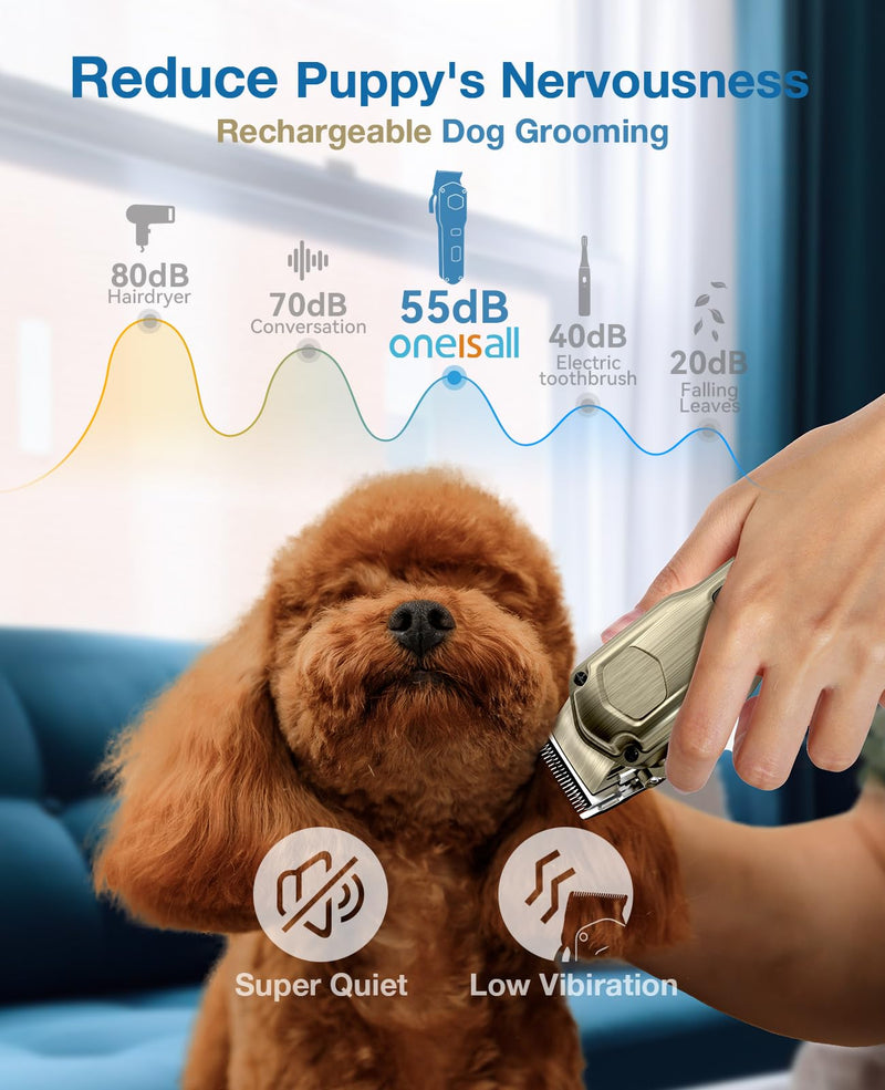 oneisall Dog Clippers for Grooming for Thick Heavy Coats/Low Noise Rechargeable Cordless Pet Shaver with Stainless Steel Blade/Waterproof Dog Shaver for Dogs Pets and Animals (Gold) Gold - PawsPlanet Australia
