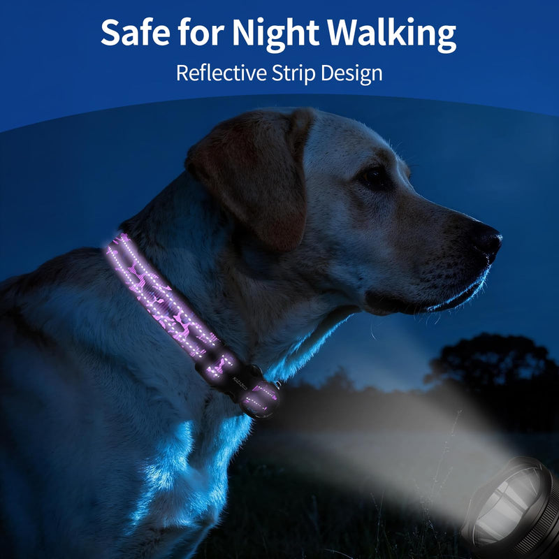 Kazazoo Reflective Dog Collar with Soft Padding Dog Collar for Large Dogs, Reflective Wide Nylon Adjustable Collar with Soft Padding, Durable Buckle for Pitbull Labrador Retriever,Girl Purple camo-L L