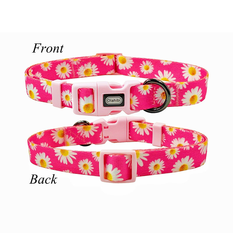 Dog Collar and Leash Set, Cute Pink Daisy Pattern, Polyester Material, 5ft Leash, for Small Dogs.(S, Daisy Set) Daisy Hot Pink