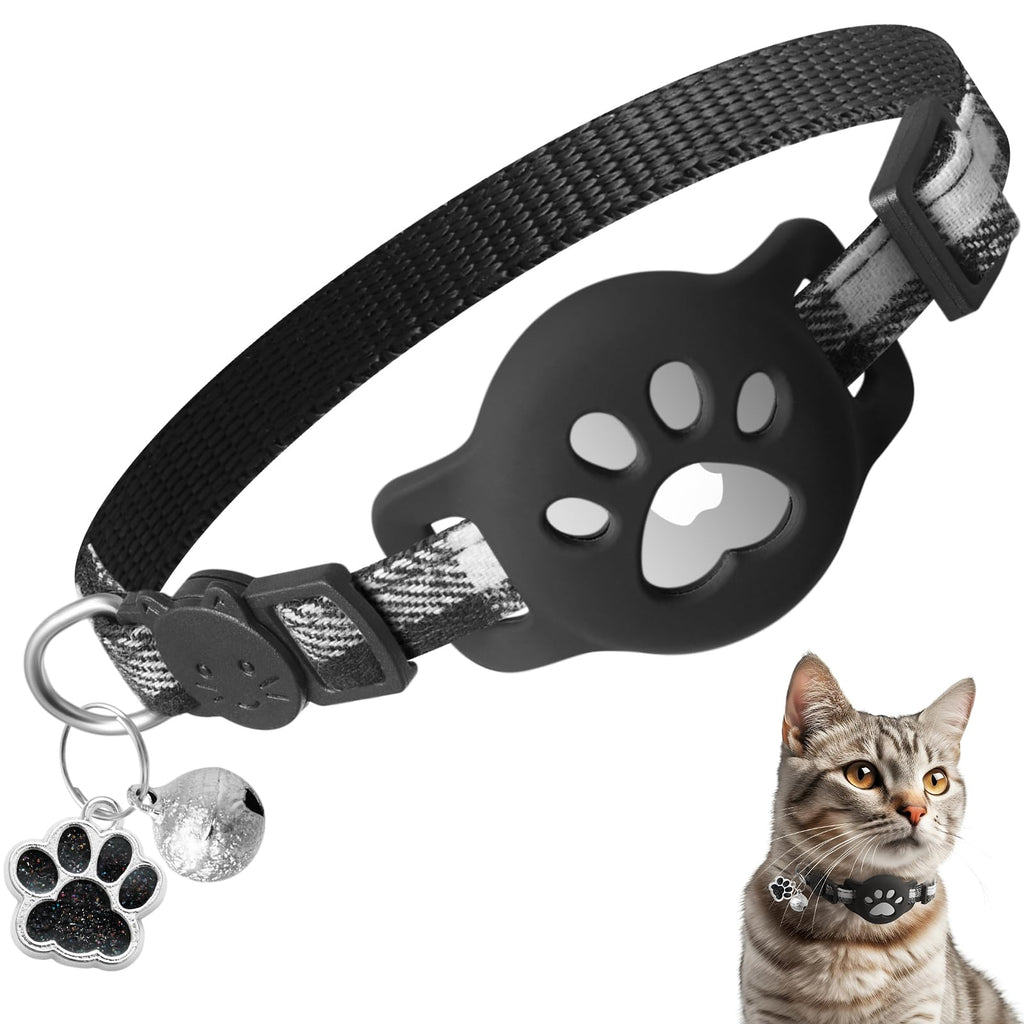 Cute Footprint Airtag Cat Collar Breakaway with Holder & Bell,Safety Buckle Kitten Collar with Apple Airtag Cat Collar Holder,Adjustable Classic Plaid for Girl Boy Cats, Pet Accessories,Gifts(Black) Black&White - PawsPlanet Australia