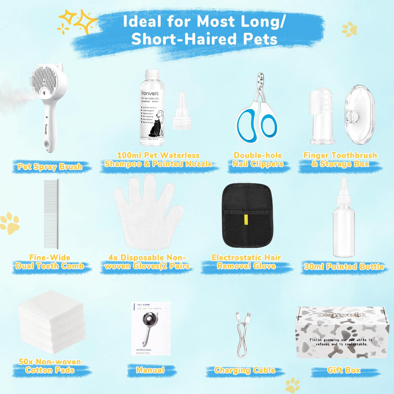 9in1 Pet Mist Spray Brush Kit for Cat & Dog, Hair Health & Grooming Set with 100ml Waterless Shampoo, Nail Clippers, Toothbrush, Comb, Eye Ear Paw Dry Wipes & Gloves, Hair Removal Glove, Gift-Set