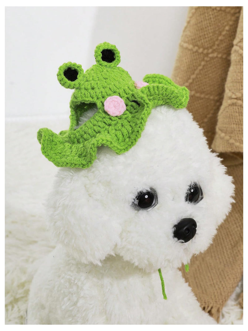 Frog Cartoon Design Knit Cute Dog Hat Soft Cat Hat Halloween Christmas Party Costume Head Wear Accessories for Puppy Cat Kitten Small Dogs Small Animals Green Medium