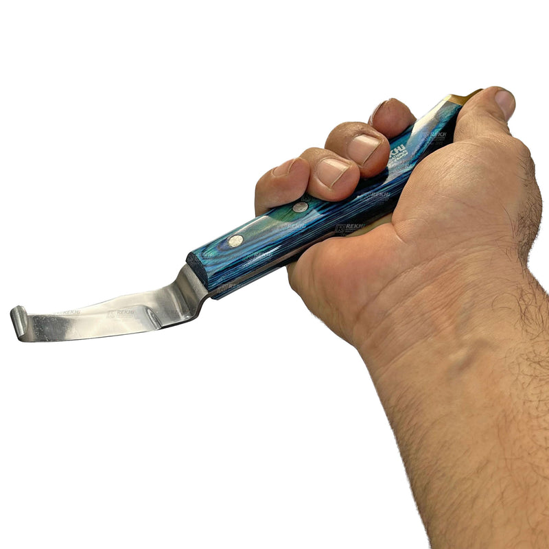 Farrier Hoof Knife with Brass Topper (Right) by Rekhi. J2 Japanese Stainless Steel known for its strength, durability, and corrosion resistance, Farrier and Equestrian Hoof Care Knife, RI-HKR-29