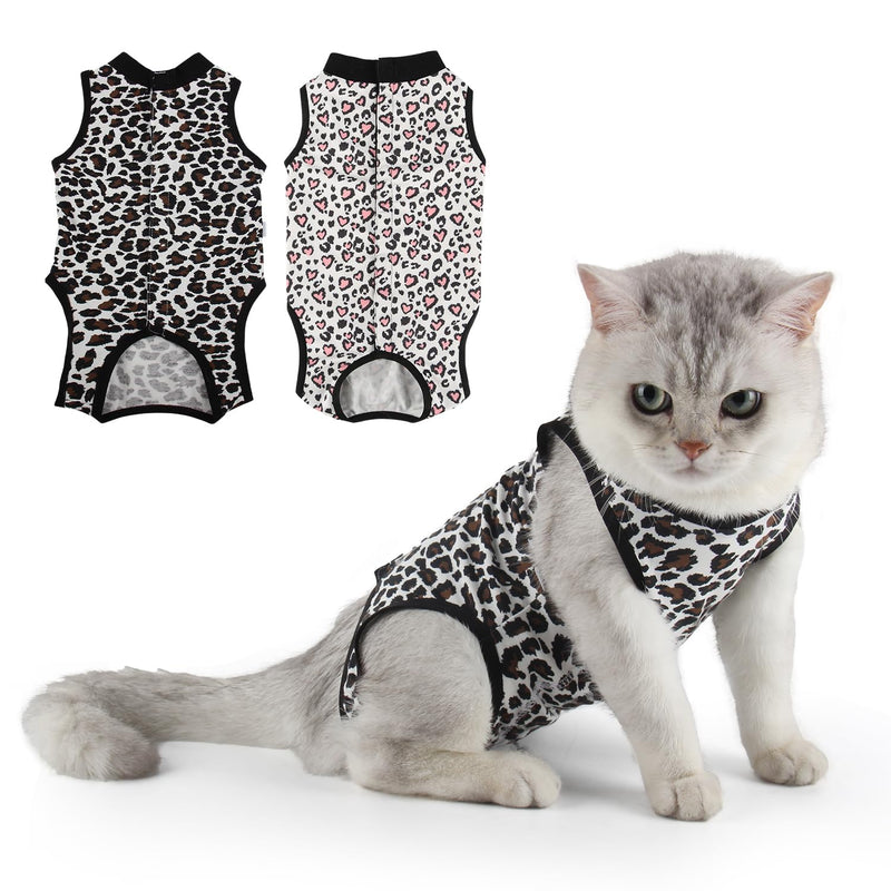 2 Packs Cat Surgery Recovery Suit Surgical Clothes Abdominal Wounds Anti-Licking Cat Bodysuit Onesie Substitute E-Collar& Cone Small Leopard + Pink Love Leopard