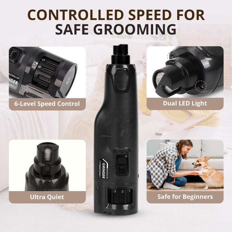 6-Speed Quiet Dog Nail Grinder with LED Light, Low-Vibration Electric Pet Nail Trimmer for Dogs and Cats, Safe Grooming Kit for Beginners, Complete Set with Storage Case