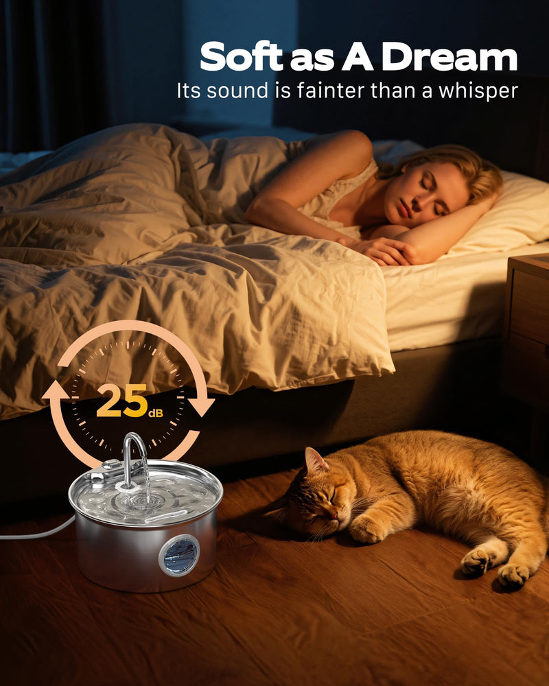 Stainless Steel Cat Water Fountain: Cat Fountain for Drinking - 88oz/2.6L Pet Water Fountain for Cats Inside- Silent Cats Water Bowl Dispenser - Kitty Drinking Fountains - 6 Filters + 3 Sponges Cat Fountain+6 Filters +3 Sponges - PawsPlanet Australia