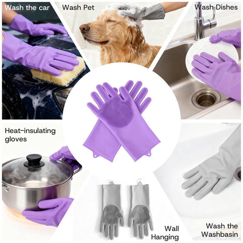 2-Pair Pet Hair Remover Glove for Dogs and Cats Washing, Grooming, & Deshedding – Multipurpose Silicone Dog Bath Gloves, Cat Brush Glove Mitt for Pet Cleaning & Household Use (Purple & Grey) Gray and purple two-tone