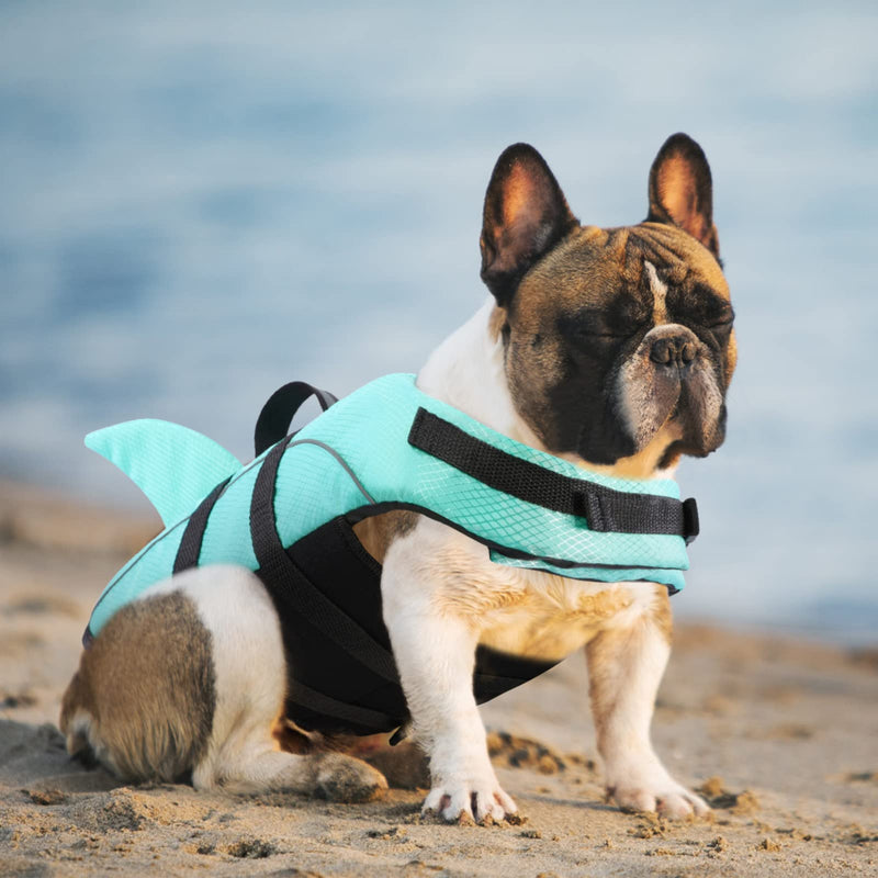 Queenmore Small Dog Shark Life Jacket,Dog Life Vest for Swimming Boating kayaking,High Buoyancy Puppy Dog Life Preserver,Reflective Light Dog Lifesaver with Strong Rescue Handle (Light Blue,XS) X-Small Light Blue