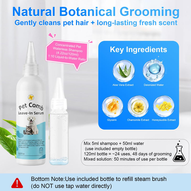 Pet Steam Brush for Dog & Cat - 4-in-1 Blue Light Steam Grooming Brush for Shedding & Hair Removal - Self Cleaning Spray Comb with Mist for Long Haired Pets - Includes 1*Waterless Shampoo, White.
