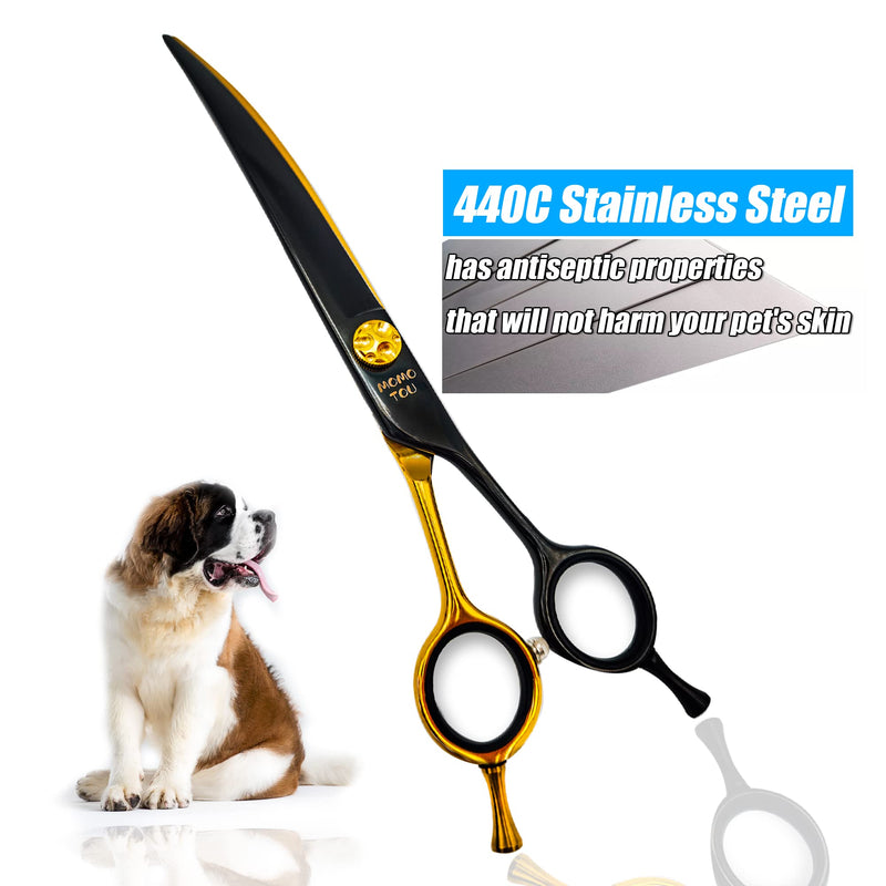 Black & Gold Professional Curved Dog Grooming Scissors with Decorative Screw Sharp and Durable Japanese 440C Stainless Steel Pet Cat Trimming Shears with Safe Round Tip 7'' Dog Shears Curved Scissors 7'' - PawsPlanet Australia
