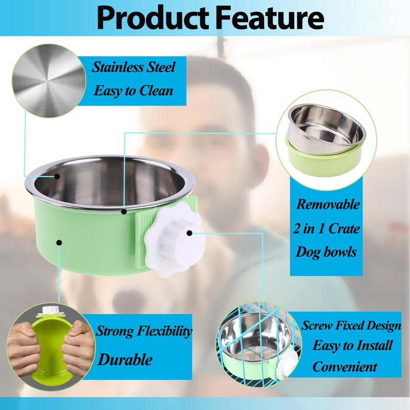 2 Pieces Crate Dog Bowl, Removable Stainless Steel Pet Kennel Hanging Food Water Feeder Bowl Cage Coop Cup for Puppy Medium Dog Cat Rabbit Ferret Bird (Blue,Green) Blue,Green