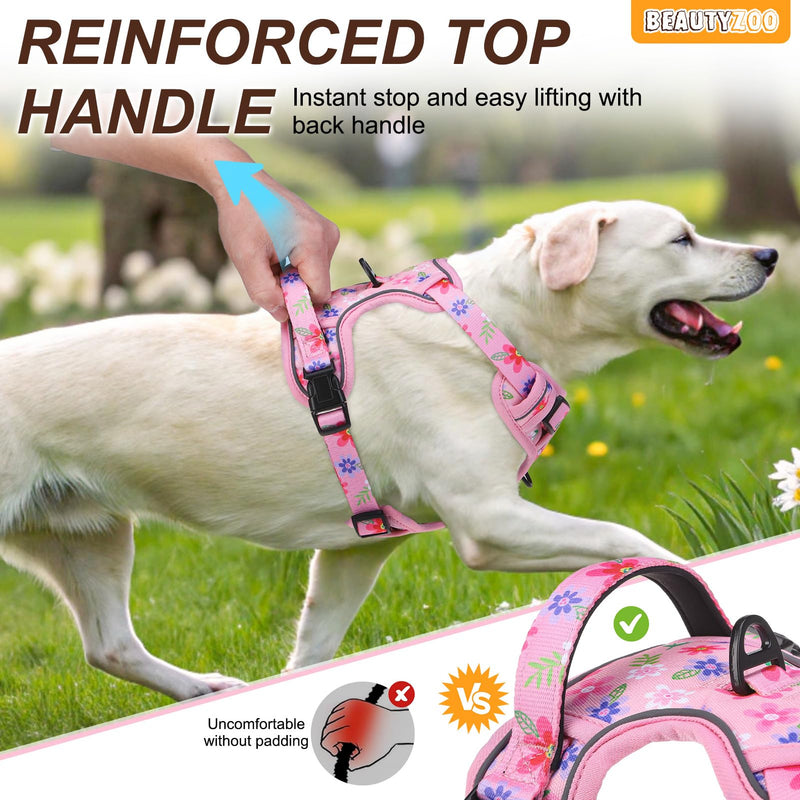BEAUTYZOO No Pull Dog Harness and Leash Set with 2 Metal Leash Clips - Overhead-Free 3 Snap Buckles Design, Adjustable No-Choke Soft Padded Reflective Oxford Pet Vest for Small Medium Large Dogs, M M: chest 16"-28" Pink Flower - PawsPlanet Australia