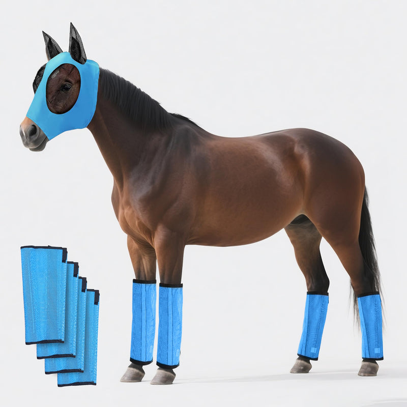 Horse Fly Boots & Horse Fly Mask Set of 5, Mesh Ventilated Fly Boots for Horses, Adjustable and Universal Fit for 4 Legs, Comfort Fly Masks for Horses, Stomp-Reducing (Blue)