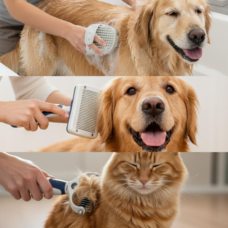 BPG Pet Grooming Tools for Dogs & Cats- 3 Piece Dog Grooming Kit, Slicker Brush, Bath Brush and Undercoat Rake- Non-Slip Easy to Use Deshedding Tools for All Coat Types Slicker Brush/ Bath Brush/ Undercoat Rake - PawsPlanet Australia