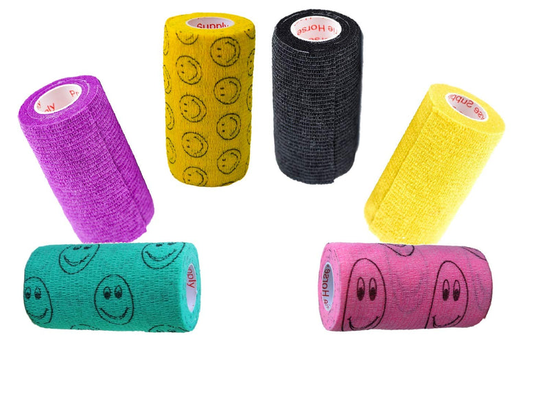 4 Inch Self Adhesive Medical Bandage Wrap Sport (Purple, Yellow, Black and Smiles on Yellow, Pink, Green) (6 Pack) Strong Elastic Self Adherent Flex Rolls for Wrist Ankle Knee Sprains and Swelling Assorted 1 4 Inch (Pack of 6) - PawsPlanet Australia