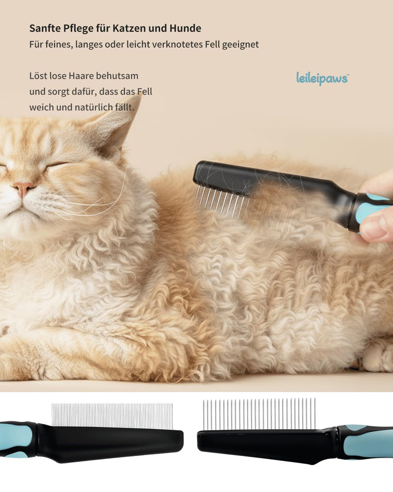 Detangling Comb & Wide Tooth Comb for Dogs & Cats - Grooming Comb Against Tangles, Loose Hair & Dirt - Stainless Steel Teeth, Ergonomic Non-Slip Handle, for Long Hair & Curly Fur Pets
