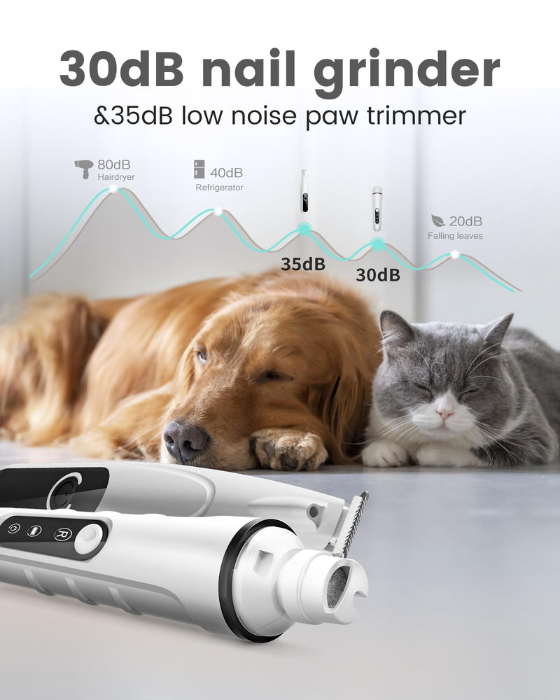 PAPMINI 2 in 1 Dog Nail Grinder and Dog Paw Trimmer, Quiet Painless Electric Dog Nail Trimmers for Large Medium Small Dogs&Cats, Cordless Clipper for Nails, Paws, Ears, Eyes, Rump&Body Grooming（White White