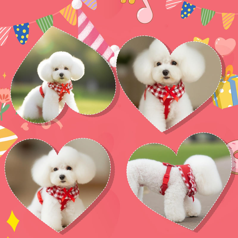 EXPAWLORER Cute Dog Harness Collar Leash Set - Red Girl Dog Harness Checkered Step-in Design, Detachable Bow Pet Collar, Adjustable No-Choke Lightweight Mesh Vest for Cats Puppy Small Dogs, S Red (with Collar) - PawsPlanet Australia