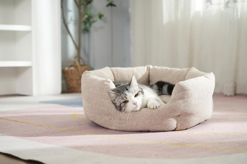 Washable Round Cat Beds for Indoor Cats,Dog Bed for Extra Small Dogs,Pet Sofa for Puppy Dog and Kitty,Soft but Firm Year-Round Comfortable Pet Sofa with Non-Slip Bottom Beige 24 inches One Size - PawsPlanet Australia