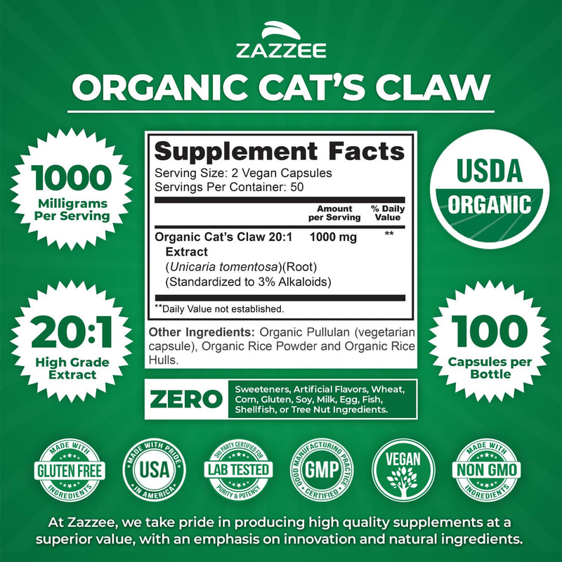 Zazzee USDA Organic Cat’s Claw 20:1 Extract, 1000 mg per Serving, 3% Alkaloids, 100 Vegan Capsules, Uncaria Tomentosa, Immune, Joint & Antioxidant Support, All-Natural, Non-GMO, Made in the USA - PawsPlanet Australia