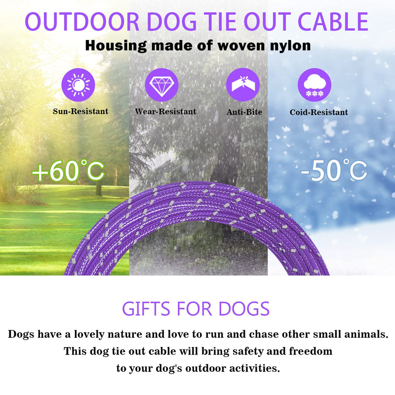 Dog Tie Out Cable 10ft/15ft/20ft/30ft Dog Runner for Yard and Outdoor with Swivel Hook Green/Blue/Purple Reflective Lead Dog Chains for Training Small to Medium Dogs Up to 100lbs 4mm 15ft Purple - PawsPlanet Australia