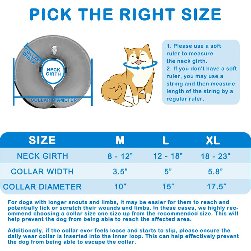 Inflatable Dog Cone Collar (M Size), Soft Blow-up Protective Recovery Dog Collar, Pet Donut Cone Collar, Comfy Elizabethan Collar After Surgery for Medium Dog to Prevent Biting Scratching, Grey [Neck: 8"-12"] Medium - PawsPlanet Australia