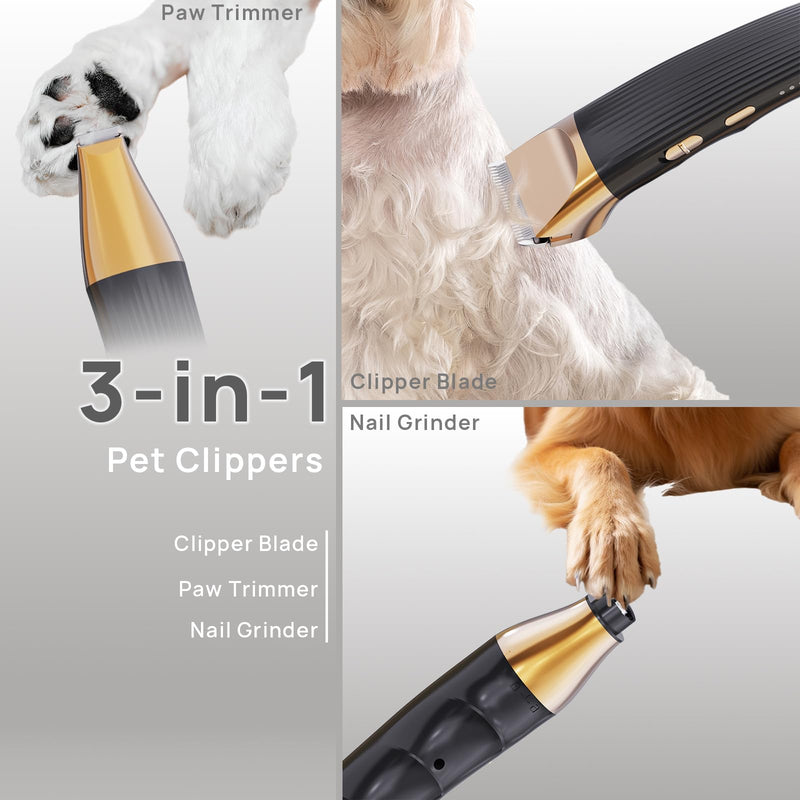 3-in-1Dog Hair Clippers Grooming Kit with Paw Trimmer- Rechargeable Cordless Quiet Nail Grinder Shaver with 4 Guide Combs for Grooming Small Medium Pets on Body,Paws, Face, Ears (Black) Black