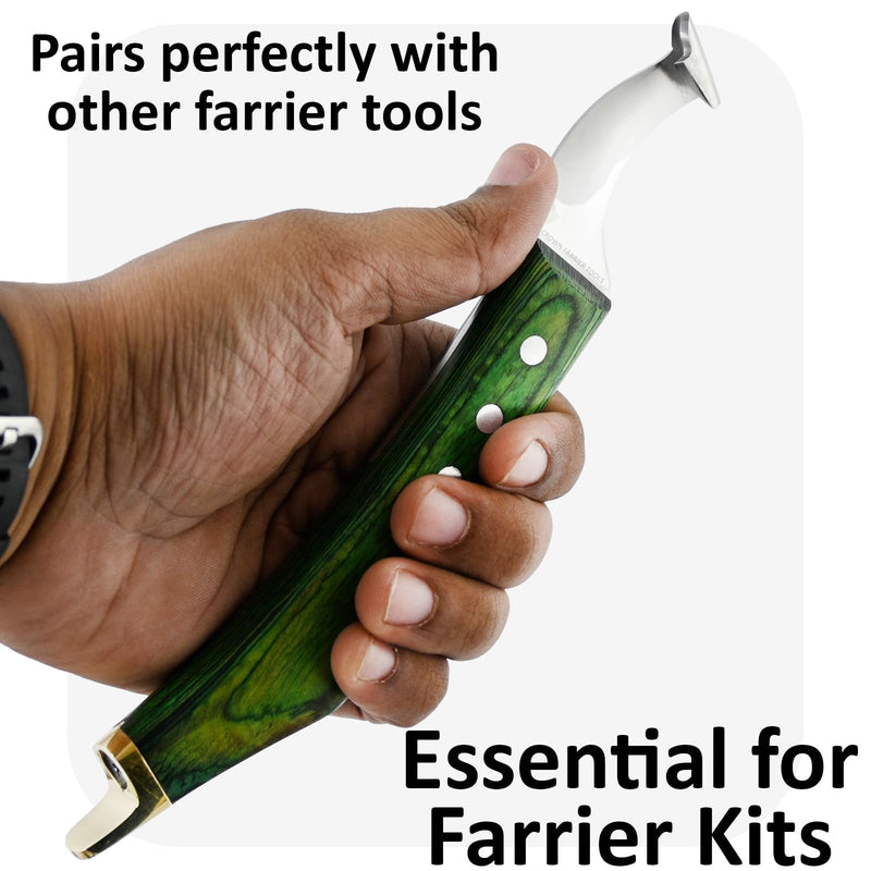 – Super Sharp Hoof Knife with Brass End | Precision-Sharpened Stainless Steel Blade & Wooden Handle | Pro Farrier Hoof Trimming Tool for Horses & Equine (Green, Left-Hand) Green