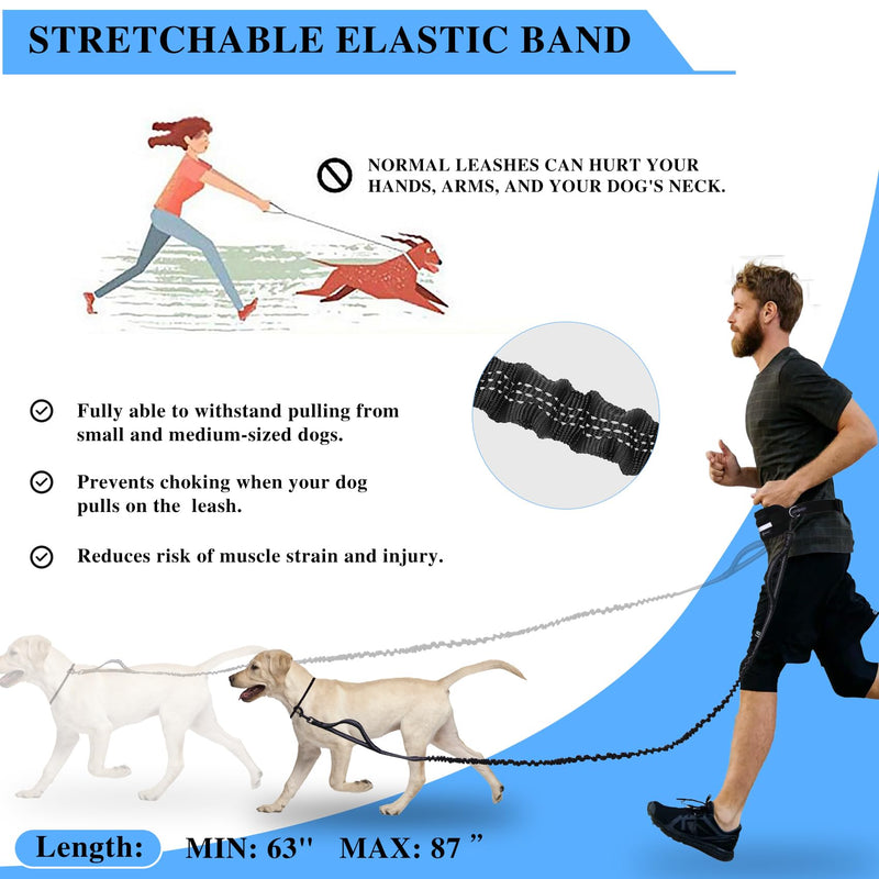 Tails & Tales Hands Free Waist Leash for Dog Walking Running Hiking with Zipper Pouch, Adjustable Belt, Dual Padded Handles, Reflective Bungee Design for Small to Large 100lb Dogs (Black) Black - PawsPlanet Australia