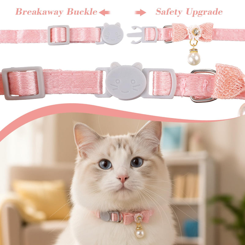 Cat Collar Breakaway, Adjustable Pink Cat Collar with Pearl Pendant, Cute Cat Collars with Safety Buckle Pink Bowtie Kitten Collars for Girl Cats - PawsPlanet Australia