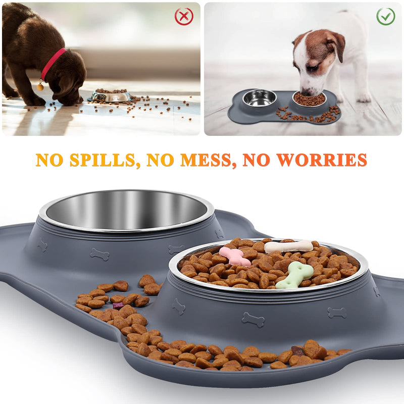 VIVAGLORY Dog Bowls, Dog Food Bowls, Stainless Steel Cat Puppy Water Bowls with Non Spill Skid Resistant Silicone Mat, Small, Gray 6½ oz ea.