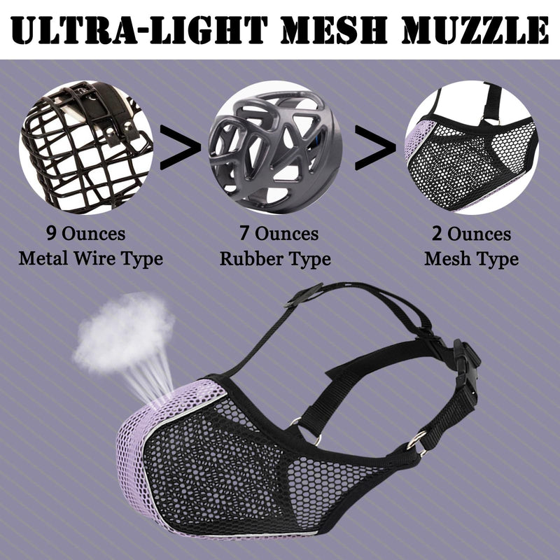 Mayerzon Dog Muzzle, Patented Mesh Soft Muzzle for Large Medium Small Dogs for Scavenging Grooming Biting Chewing, Breathable Reflective Doberman Husky Muzzle with Collar for Labrador Retriever Poodle Black/Purple M-(Snout:9¾"-10¾") - PawsPlanet Australia