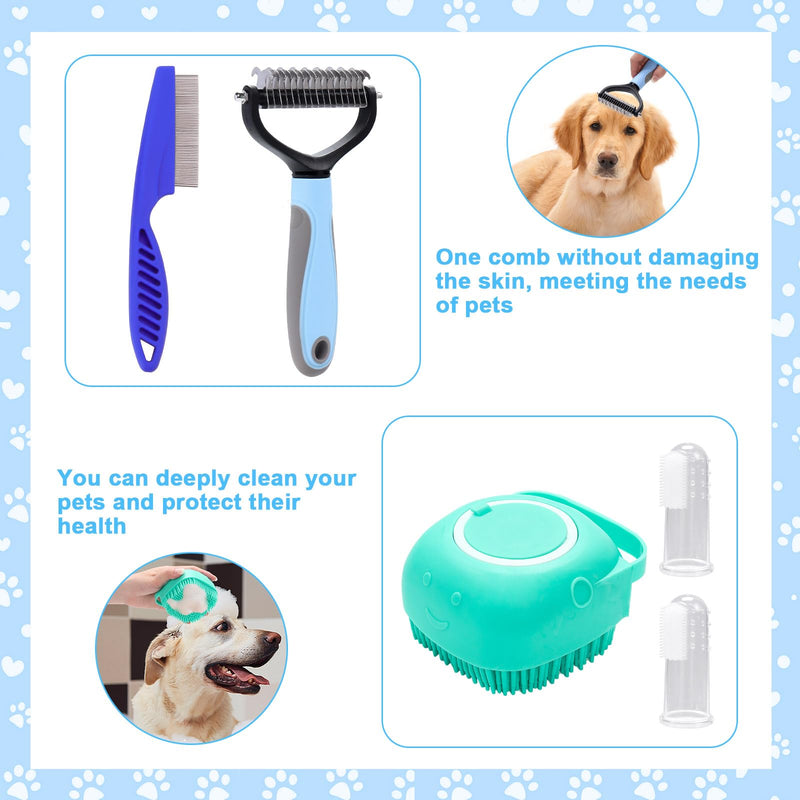 VCZONE 8 Pcs Dog Brush Grooming Kits, Includes Pet Nail Clipper and File, Flea Comb, Pet Shampoo Bath Brush, Pet Shedding Brush, Pet Dematting Comb, Silicone Toothbrush (Blue) Blue - PawsPlanet Australia